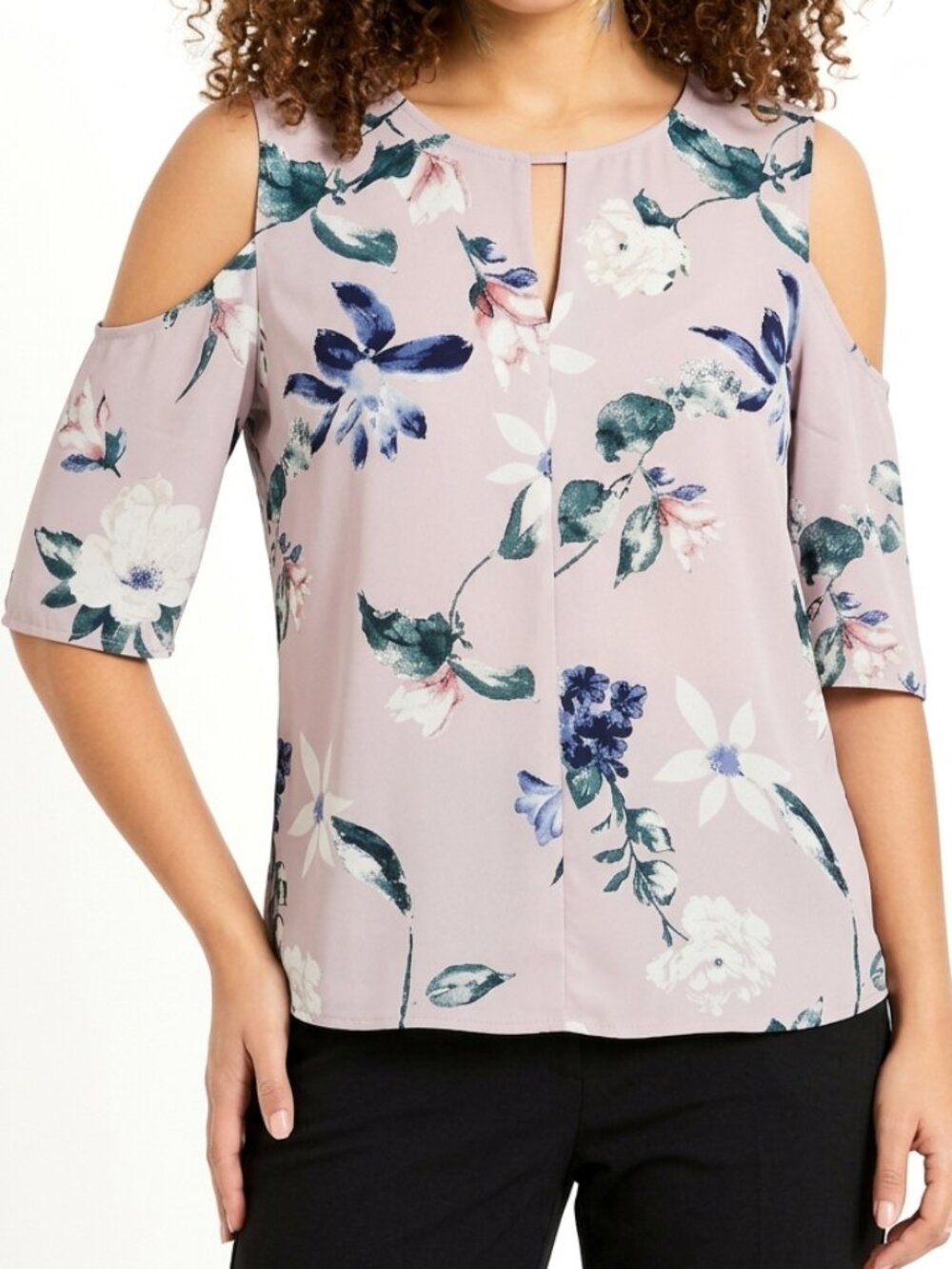 Dynamite Floral Cold Shoulder Blouse Keyhole Top Boho Office Spring Purple M